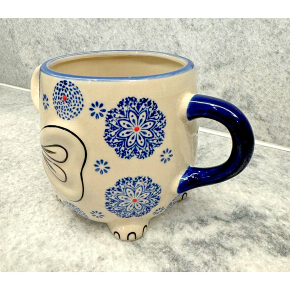 EARTHBOUND TRADING COMPANY Elephant Mug Cup Blue White Red Trunk Up - Picture 8 of 8